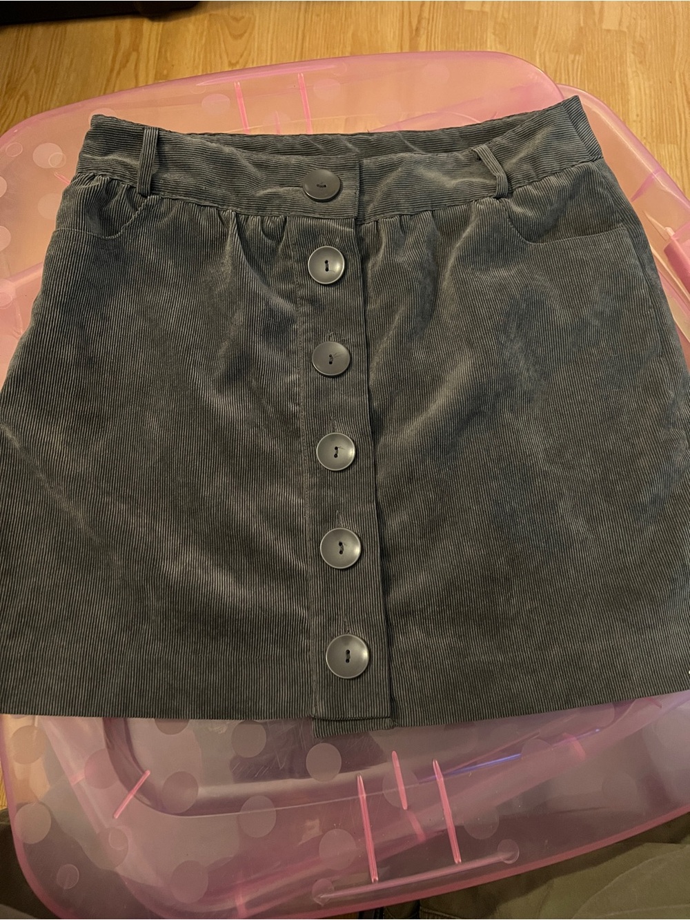 Chelsea & Theodore Button-Front Corduroy Mini Skirt in Charcoal Petite